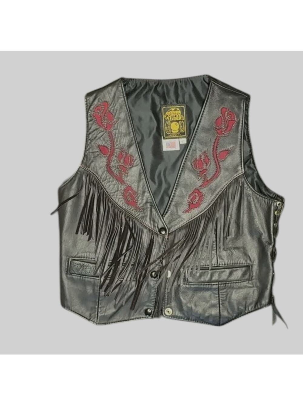 Vintage Gypsy Leathers Fringe Biker Vest, Red Rose Embroidery - Made in USA - Picture 1 of 4